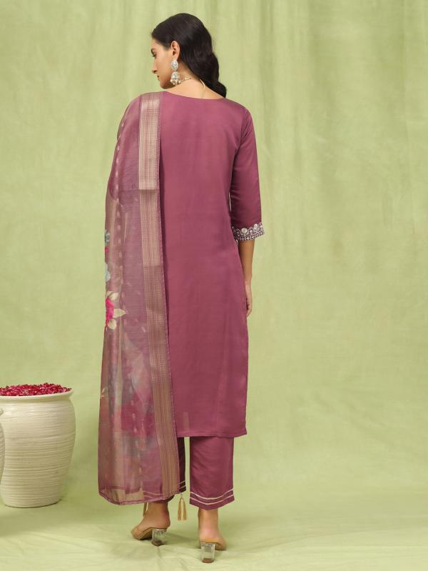 VP 9594 Viscose Roman Silk Embroidery Straight Kurta Pant with Organza Dupatta